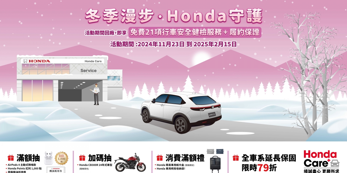 Honda Care +「冬季漫步,Honda守護」 回廠消費滿額抽Honda重型機車CB300R等多項大獎 21項行車安全健檢優惠活動實施中