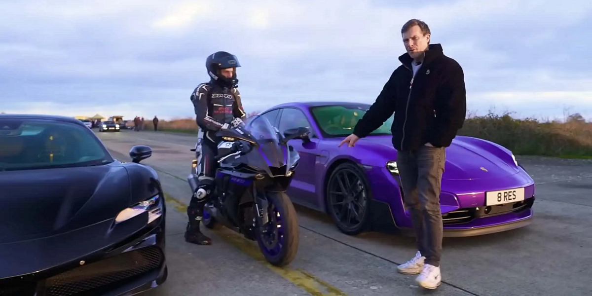 性能機車與跑車直球對決!國外YouTuber「carwow」以Yamaha R1M、Porsche Taycan Turbo GT、Ferrari SF90進行直線加速賽
