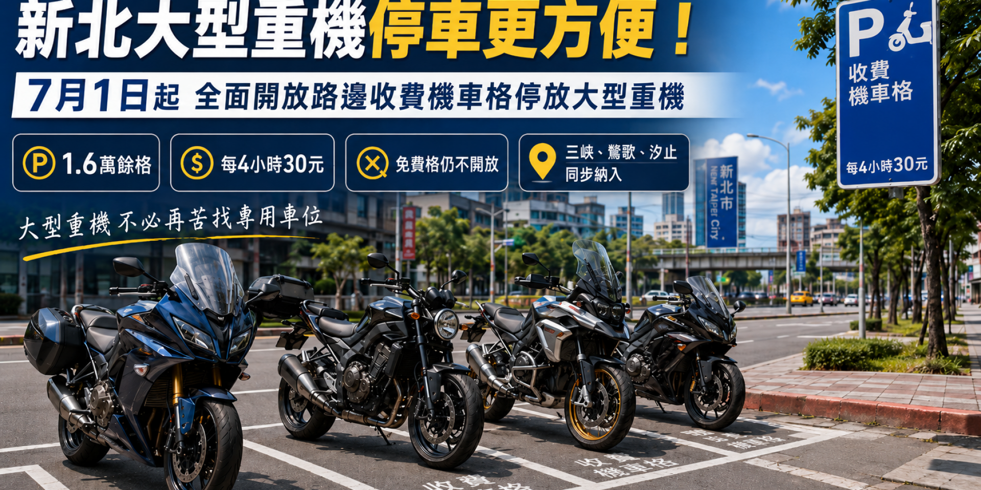 大型重機大利多！新北 7/1 起全面開放 1.6 萬格「收費」路邊機車格停放