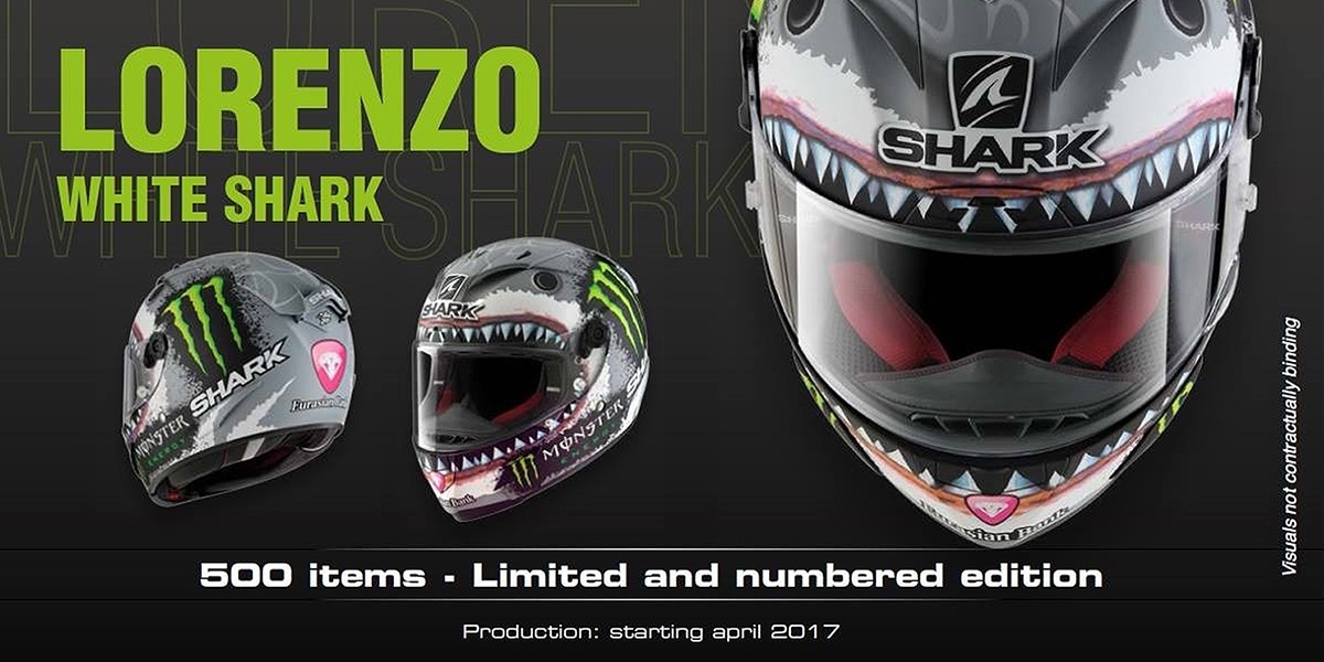 限量發售。Lorenzo 彩繪帽SHARK Race-R Pro “White Shark”