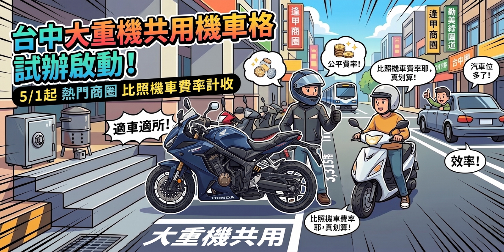 台中騎士有福了！5月起熱門商圈試辦大重機共用機車格，停車費省很大