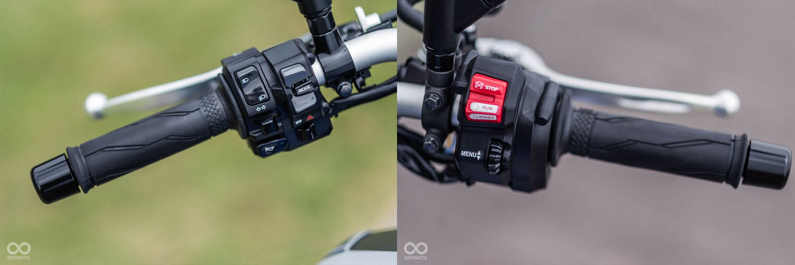 左把手配有模式切換鈕;右把手下方滾輪可操控選單項目
