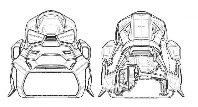 正面的視覺,帶給人一種充滿未來的科幻感,好似一台威武的機器人臉孔,而尚未裝上輪子的設計圖,也讓人聯想到科幻作品中出宇宙機車的既視感!