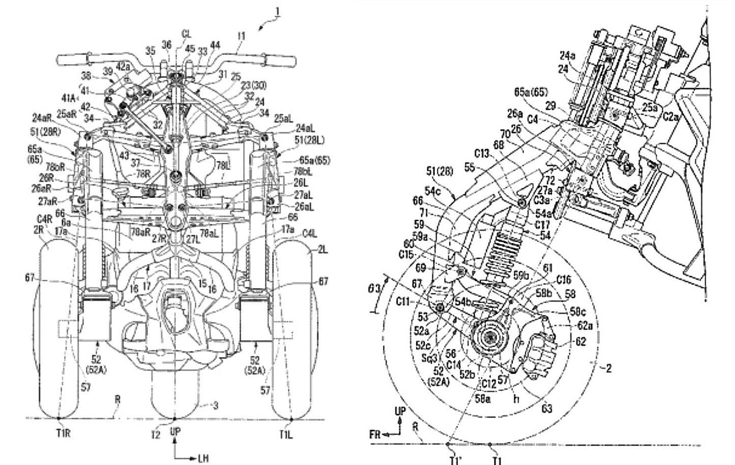 前輪機構與YAMAHA TRICITY 125雷同。不過從設計圖上可以看到Honda的3輪車在前避震器部份使用多連桿搭配彈簧外露外掛氣瓶的樣式，煞車卡鉗使用六活塞卡鉗