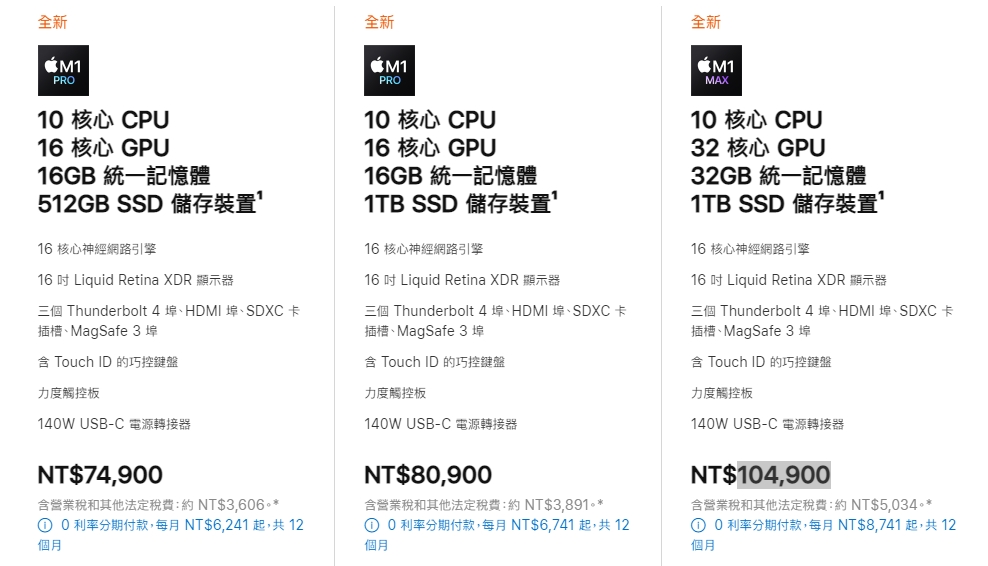 MBP 16吋售價從74,900元起