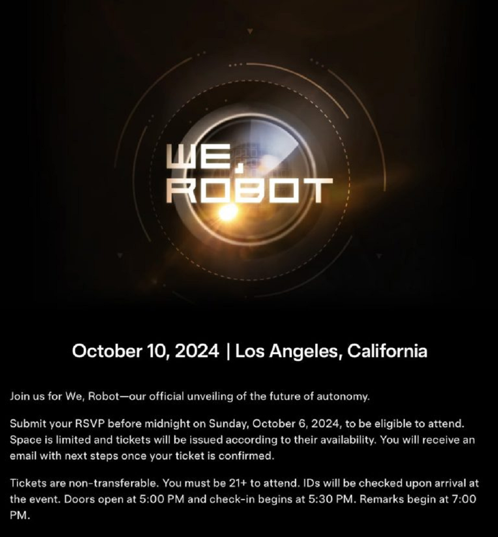 Tesla最近對外發出了10/10的發表會邀請函,並以「We, Robot」為主題