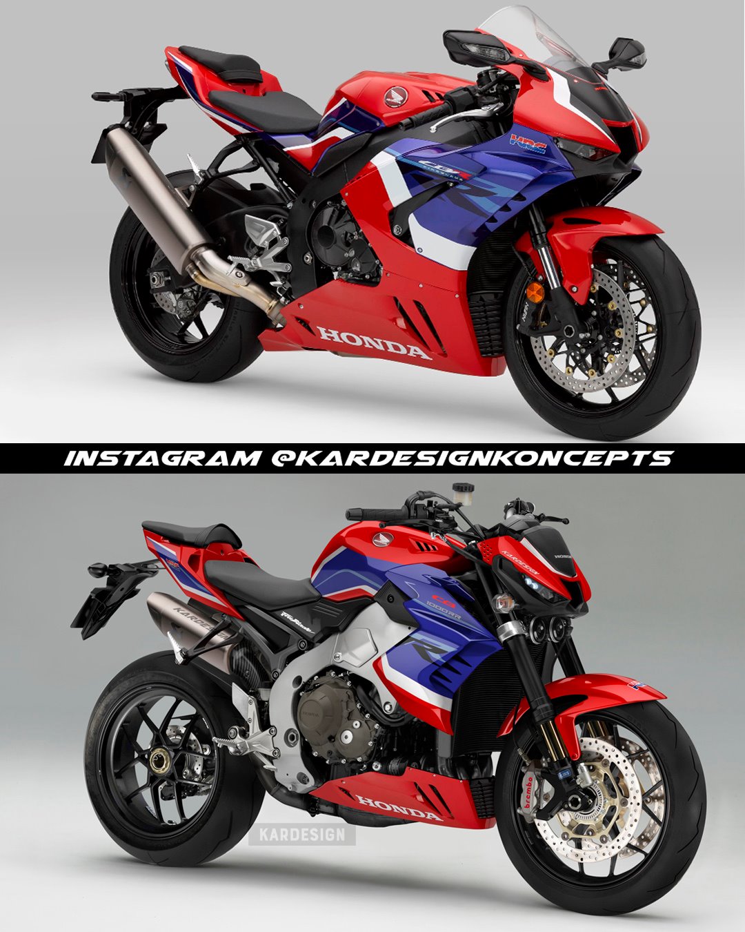 由Kardesign操刀繪製的CB1000RR-R,外型設計活脫就是扒掉整流罩的CBR1000RR-R