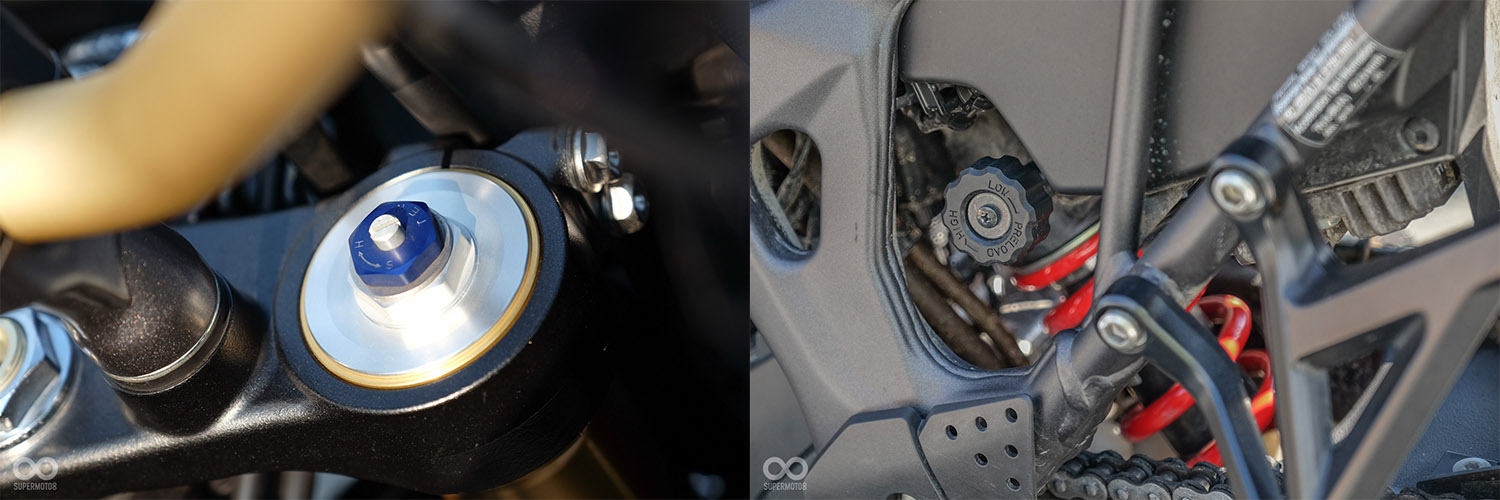 前後懸吊均為可調，後避震的預載還擁有快速調整旋鈕，讓騎士隨時依需求更改設定