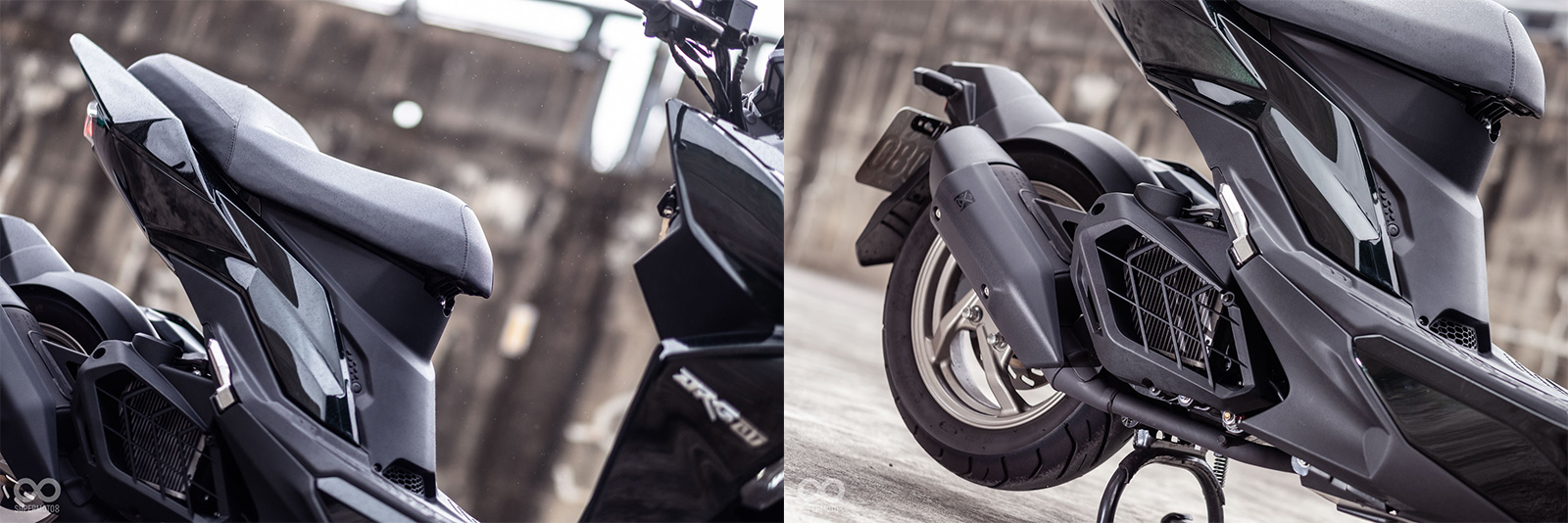 懸浮式的車尾設計，讓DRG 158有相當強烈的運動氣息；排氣管採用短管設定，創造出更輕盈的視覺感受，水冷排放置在排氣管上方