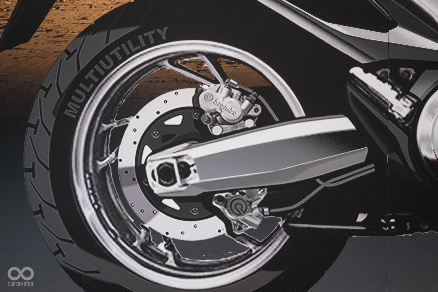 前制動流用的BREMBO的對四輻卡,後製動也同步升級為BREMBO卡鉗,並且同樣採用一機械式(手煞車)一油壓式雙卡鉗分工配置