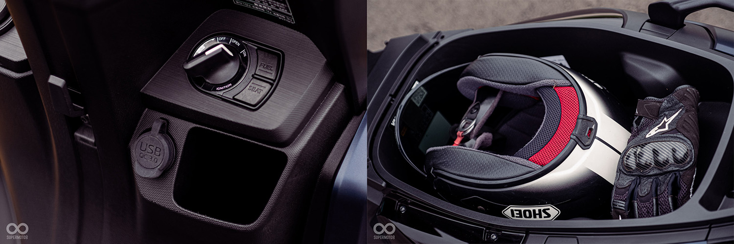 開放式手套箱旁有USB3.0充電孔；23L車廂空間能放入一頂大帽體SHOEI 3/4安全帽，後方還有空間能放手套