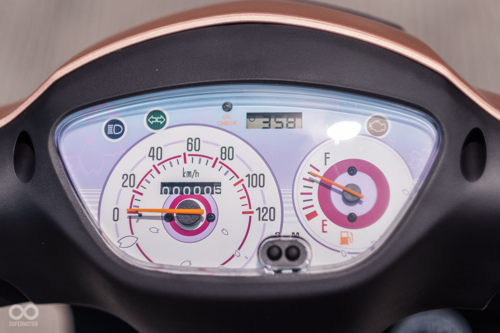 儀表上方的小資訊幕可顯示時間與電壓