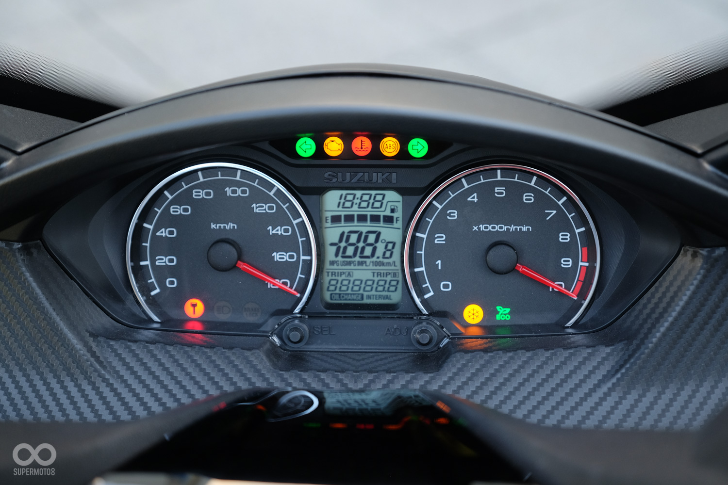 雙環式的儀表板資訊清晰,周圍的飾版則壓上了類碳纖維的菱格咬花增添質感