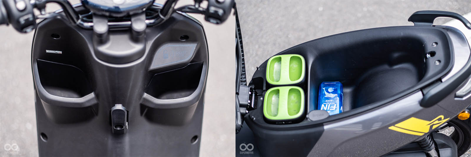 前方雙置物空間符合台灣人購車需求,實測可放下600ml寶特瓶;坐墊下空間可放入3/4安全帽一頂等物品