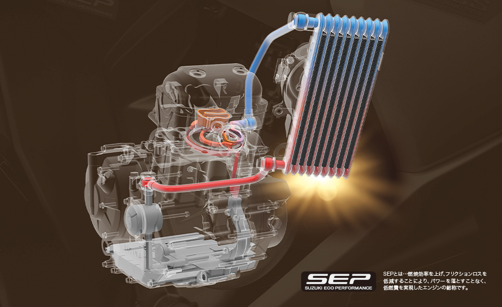 SOCS(Suzuki Oil Cooling System)油冷系統可以降低引擎溫度,同時免去水冷系統保養