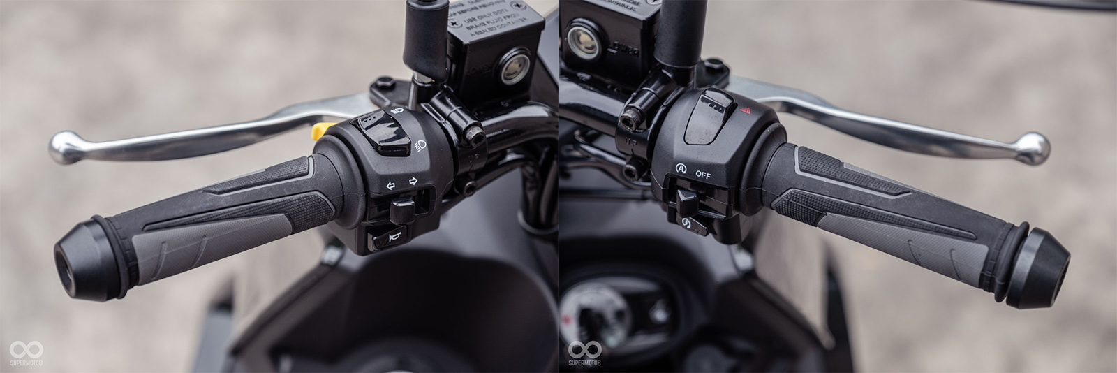 左手握把開關上有大燈、方向燈、喇叭以及超車燈按鈕；右手握把開關則是有啟動、怠速熄火、故障燈開關