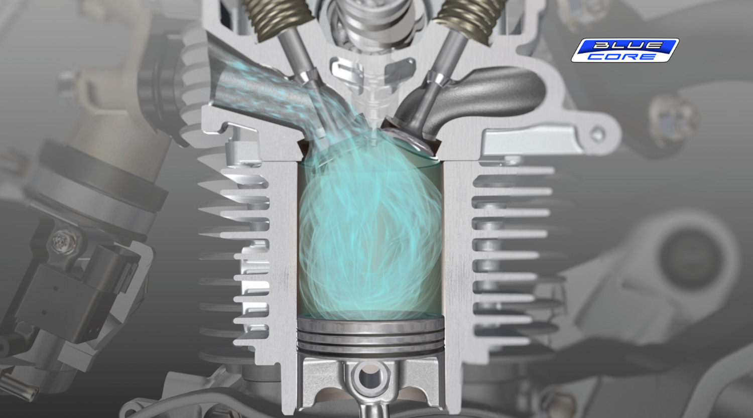 高燃燒效率：吸氣歧管形狀小徑化設計，吸氣閥門面積增加，並藉由提升壓縮比 (11：1)來強化燃燒效率。