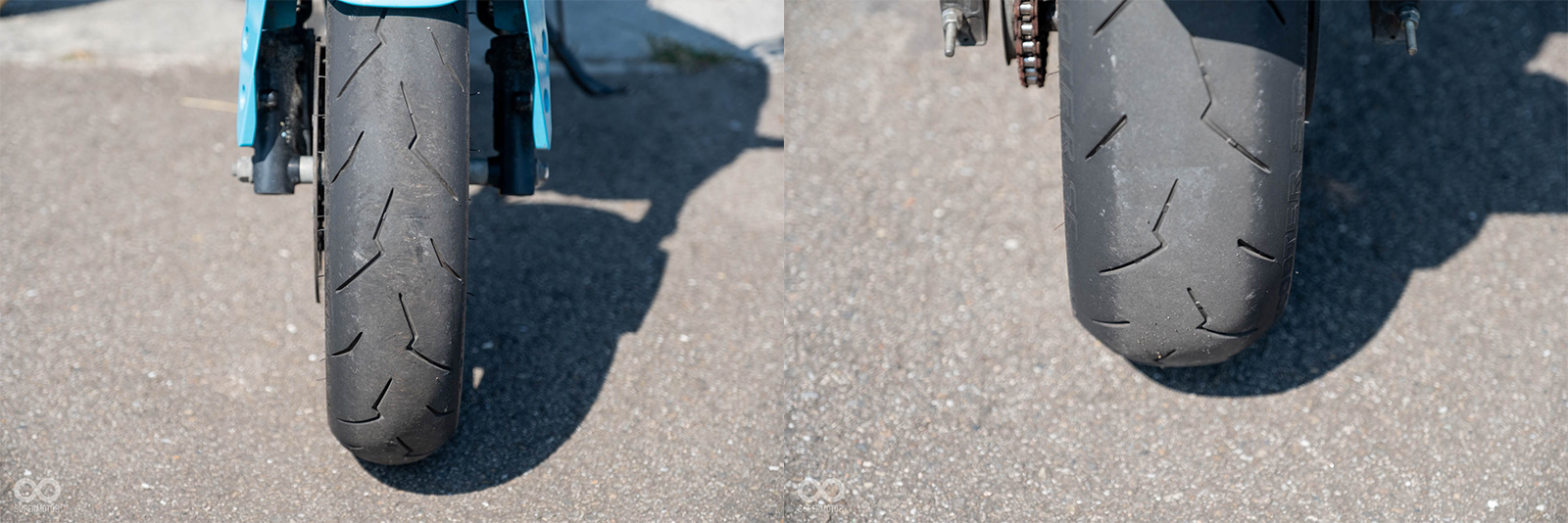 正面看去,前輪並沒有太明顯的曲率變化,但後輪則是能看出中央胎肉部分的消耗較多
