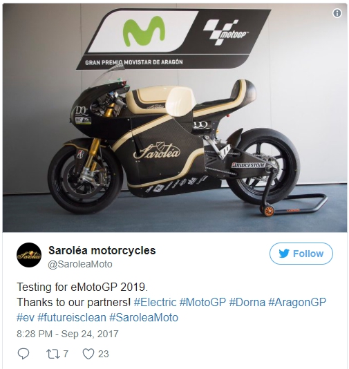 Saroléa在自家的社群網站上表示正在為eMotoGP測試賽車，希望2019開賽時能看到SP7與其他電動車廠的賽車一同奔馳在GP賽場上，帶給我們一場寂靜卻精彩的賽事。