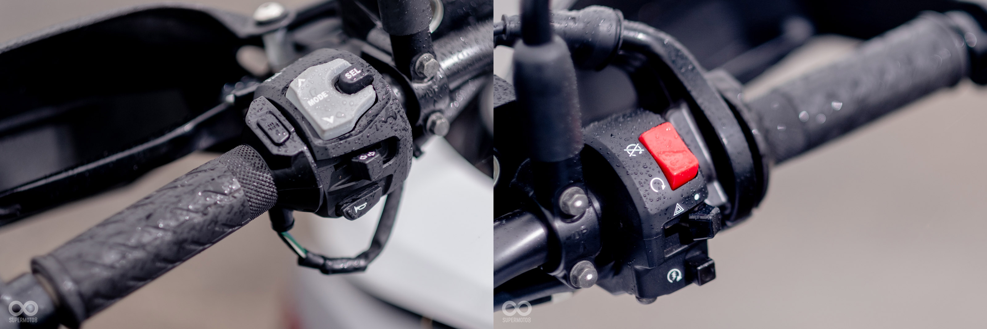 左手開關除了有方向燈等常見的按鈕之外,還配有加溫手把開關、Mode選擇按鈕;左手則是傳統的引擎開關、發動鈕和雙黃燈開關