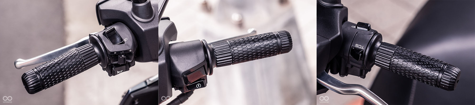 右手開關有啟動按鈕;左手開關有喇叭、方向燈、遠近燈、TCS板機鍵