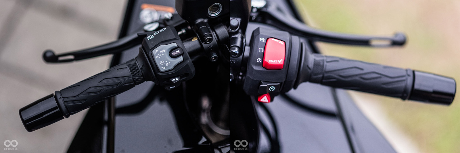 左手開關有電控模式操作鍵;右手開關有啟動、引擎開關按鍵,下方則是雙黃燈、定速巡航按鈕