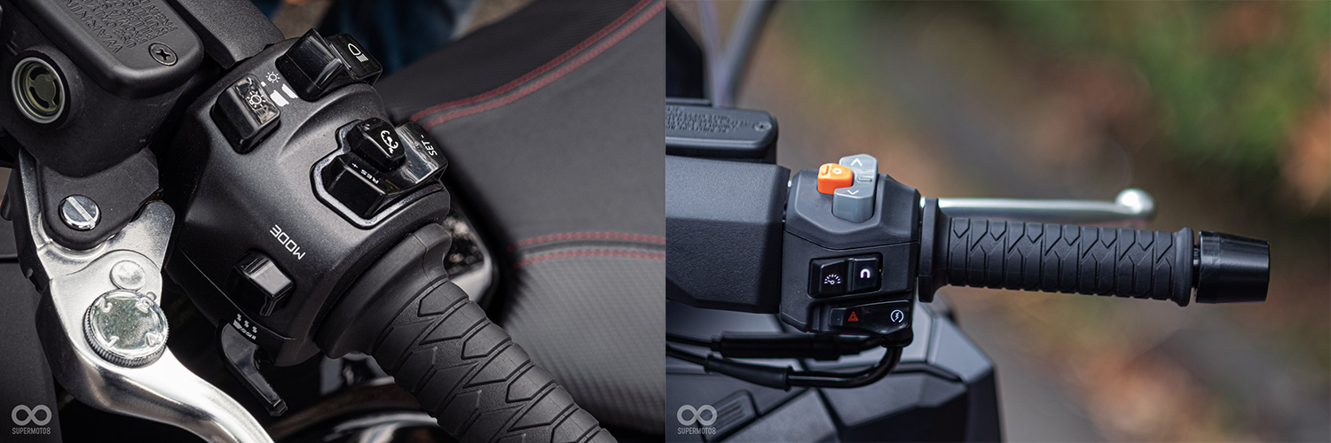 左手開關前方有騎乘模式切換、加溫握把開關；右手開關上有發動/警示燈開關、儀表切換鍵、儀表功能鍵，以及熄火開關
