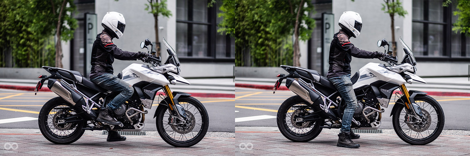 TIGER 900 RALLY PRO握把距離騎士稍遠,上半身必須微挺立,圖中騎士身高180可雙腳平貼地面
