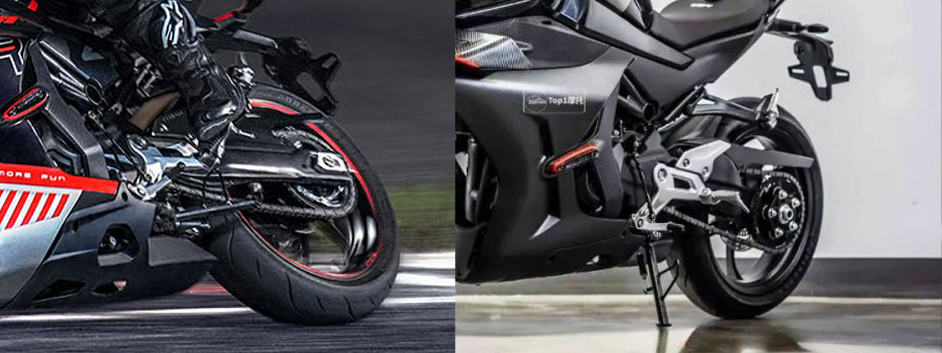 對比左右兩台車能看到,後搖臂樣式有明顯的不同