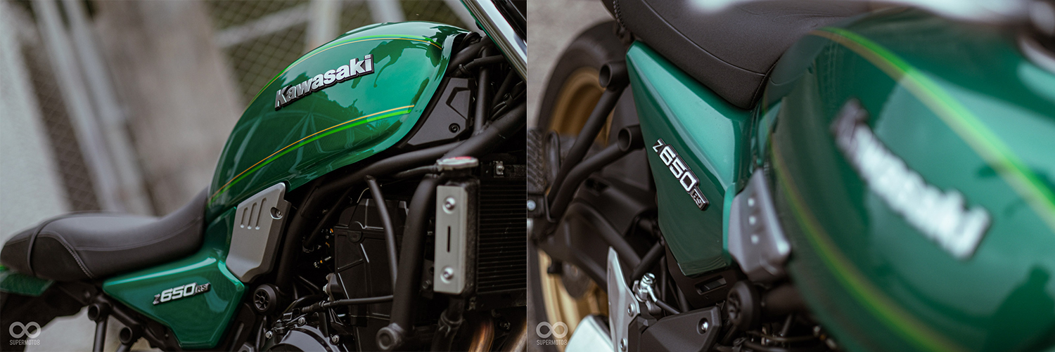油箱與側蓋之間也加入銀色的打孔裝飾點綴；立體的Z650RS和KAWASAKI銘牌