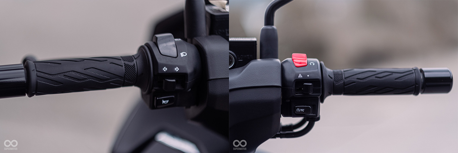 左手開關有遠近燈、方向燈和喇叭;右手開關有引擎熄火、雙黃警示燈和啟動按鈕