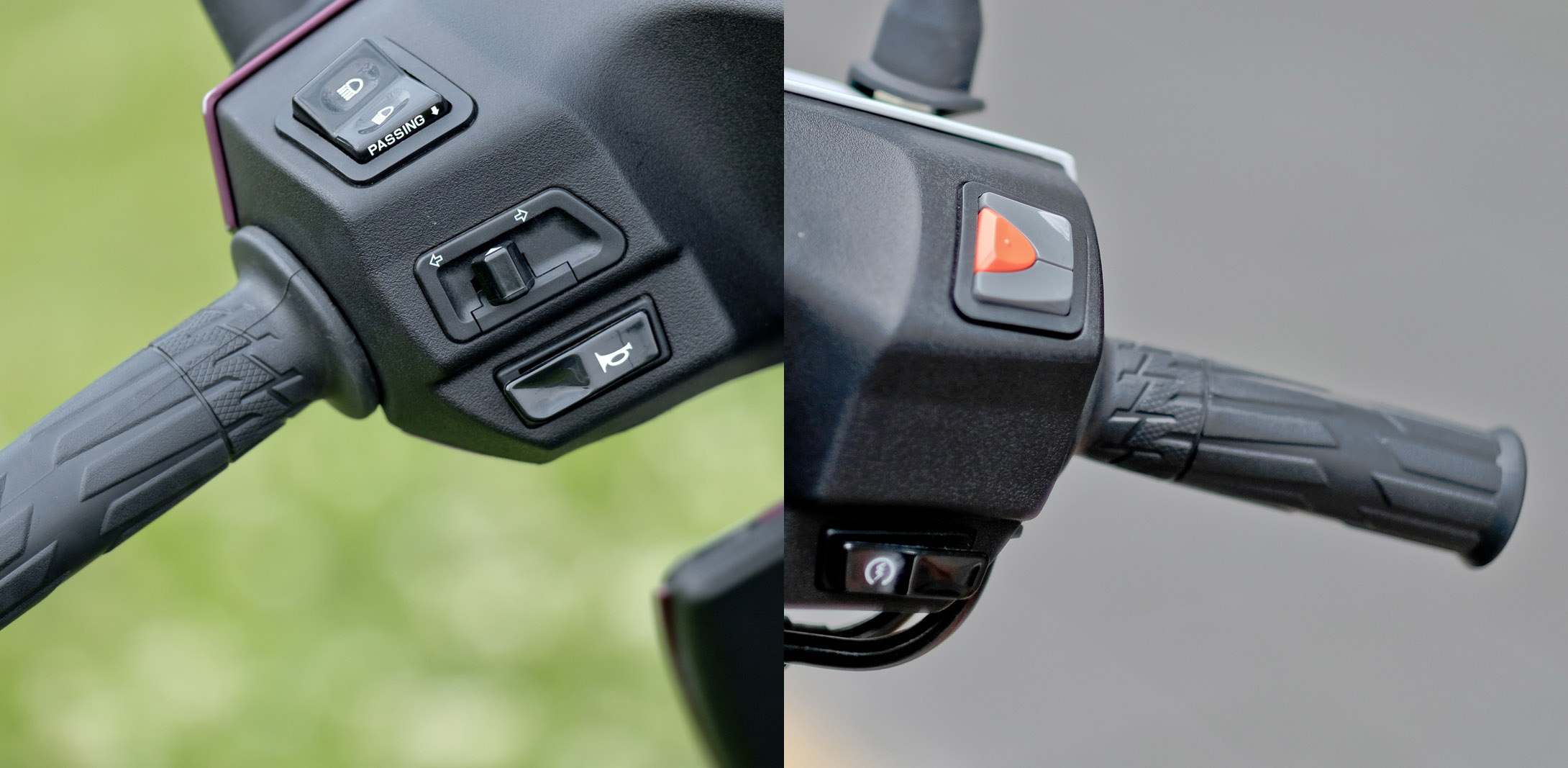 左把手的設計與其他車款類似；右把手上方則有NOODOE智慧儀表按鍵