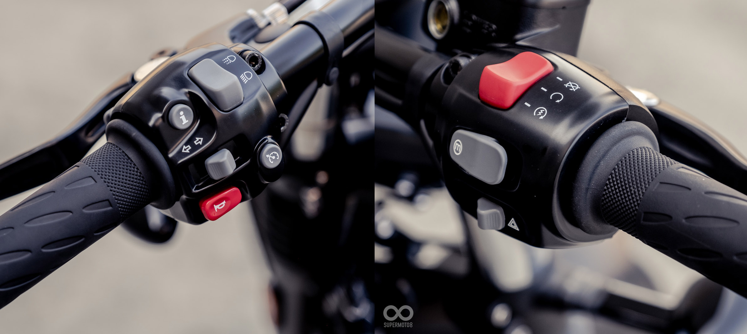 左手按鍵區可看見儀表資訊切換鈕與定速巡航開關，上方的光源切換鍵可關閉大燈，單獨開啟日行稱；熄火開關、啟動鈕則是一同整合於右手開關上，並有著騎乘模式切換按鍵