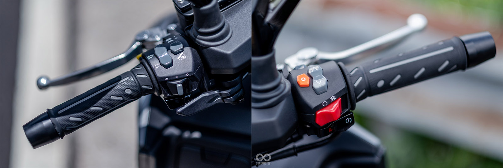 左手把上方控制鍵,多了椅墊開啟按鈕;右側則有NOODOE儀表控制鍵