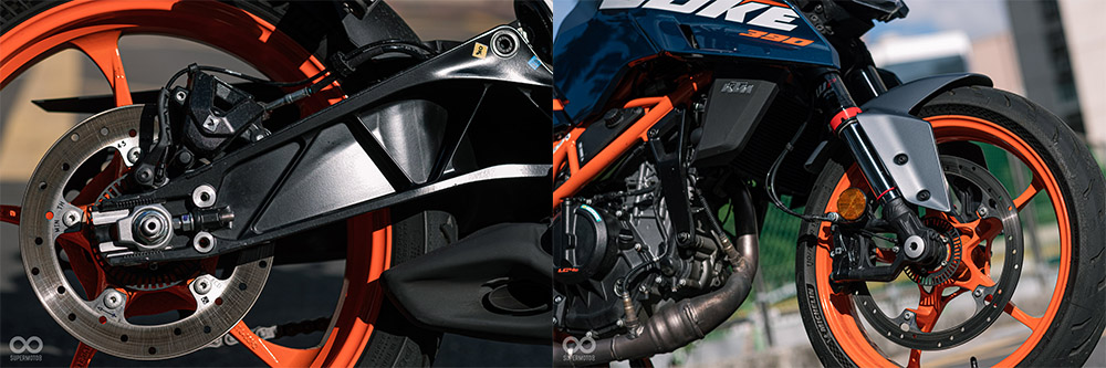 官方強調前碟盤,前後輪框都有偷輕處理。新款後搖臂造型相當特別