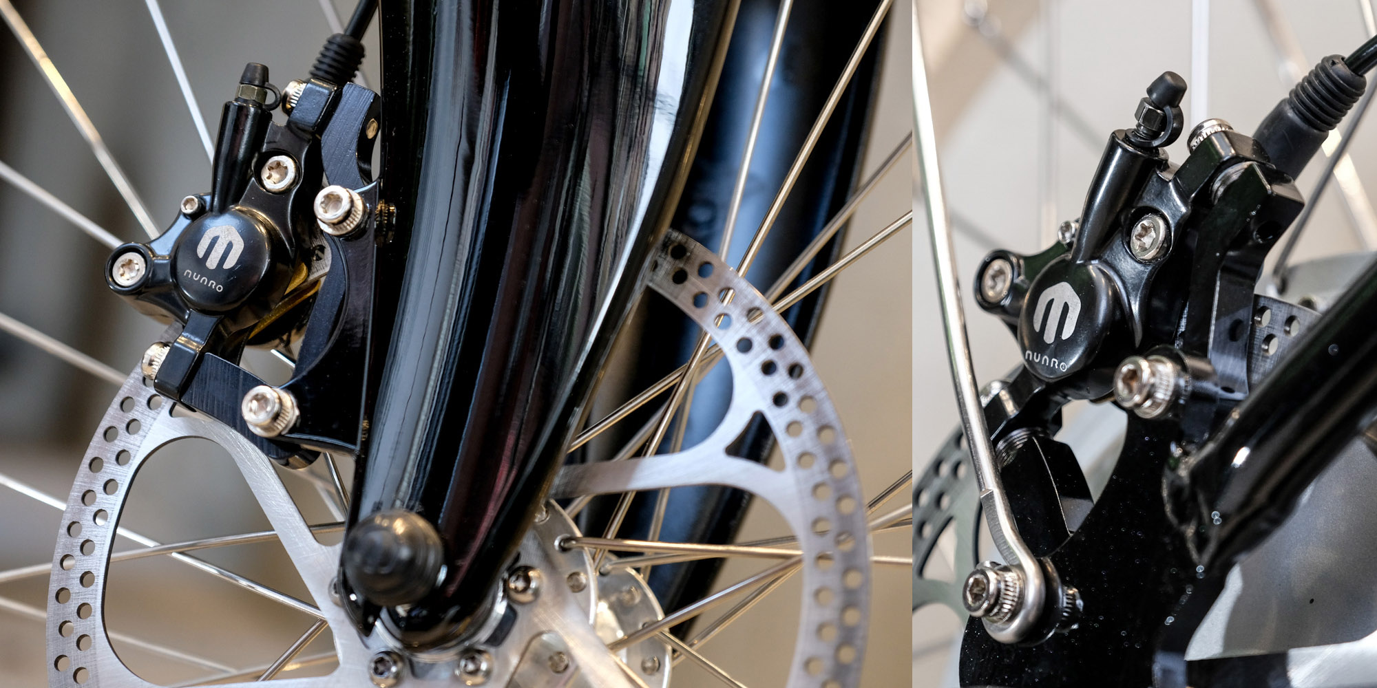 前後煞車系統皆為油壓碟煞,規格與單車的油壓碟煞類似