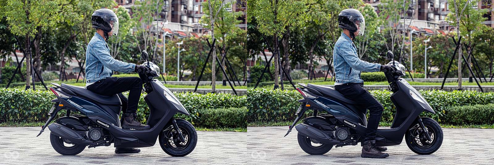 騎士身高180公分，雙腳能輕鬆踏地，手肘和膝蓋也不會距離過近