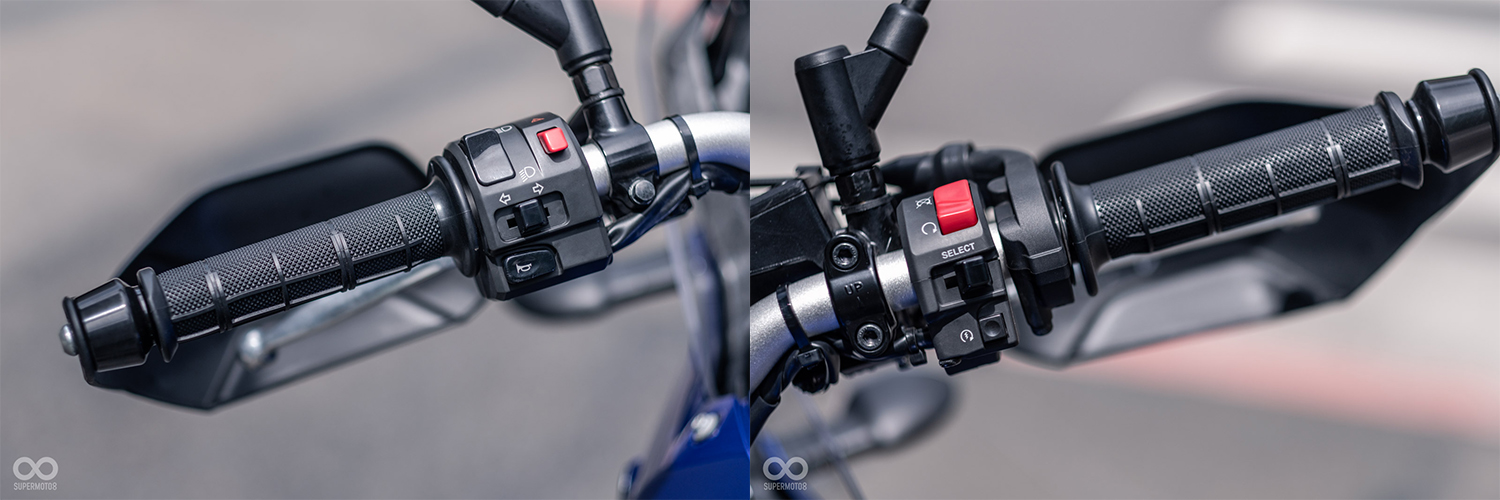 左手開關有方向燈、遠/近燈、雙黃燈、喇叭；右手開關有引擎開關、啟動鈕、儀表控制桿