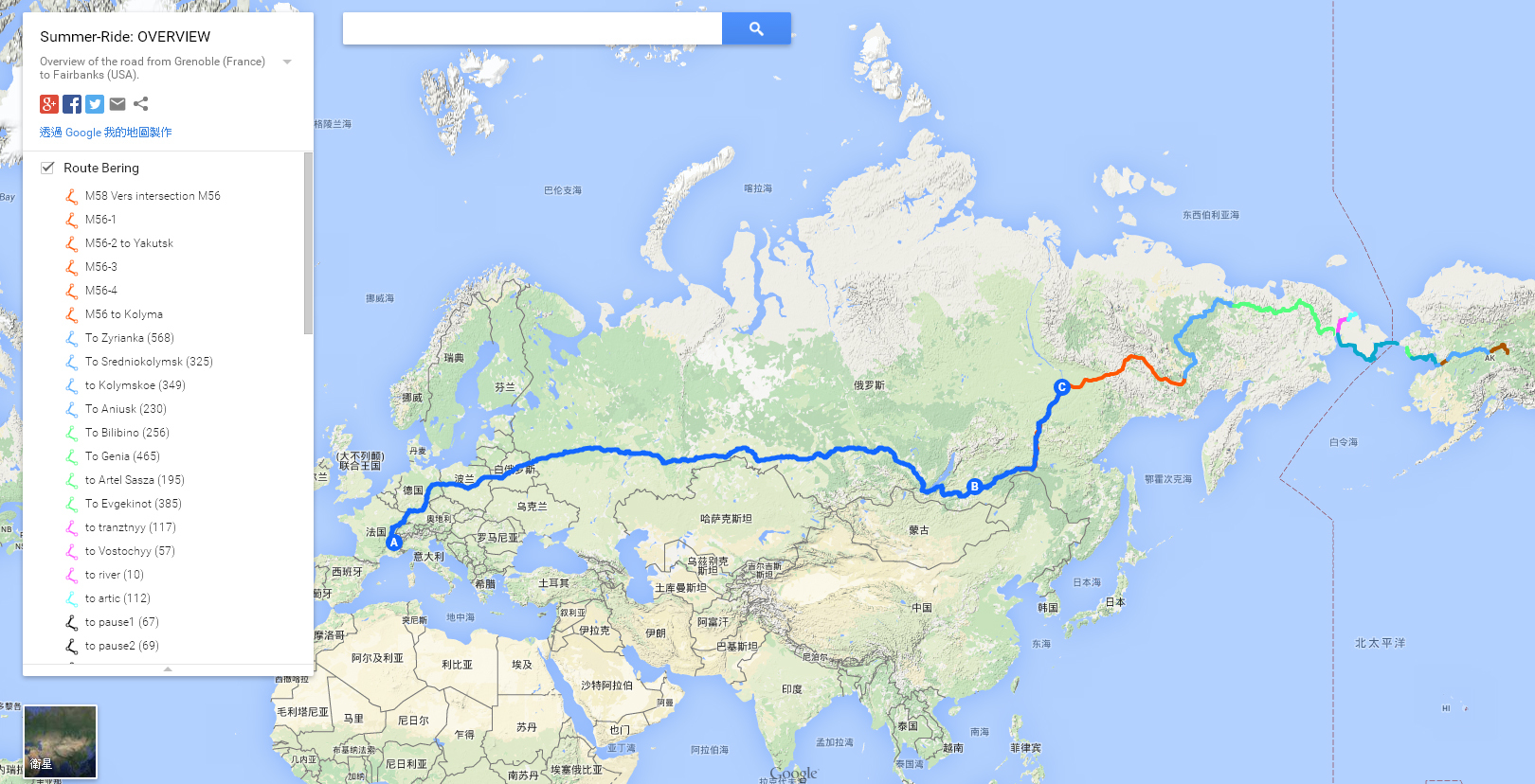 這是他們計畫的跨洲路線，最難的地方在於跨越白令海峽那邊。