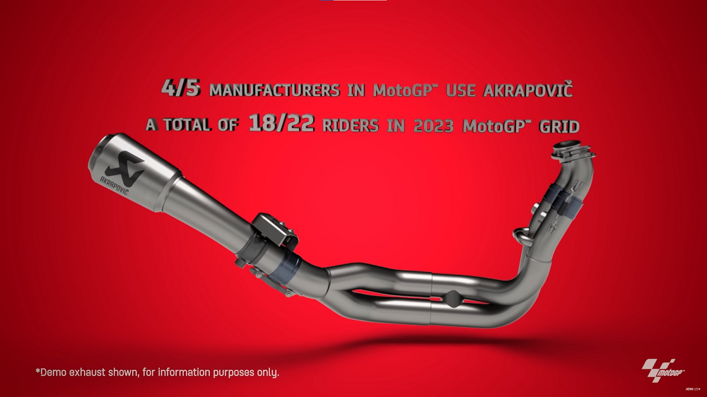 在2023賽季的MotoGP賽事當中22位車手中有18位的車輛採用Akrapovič排氣管