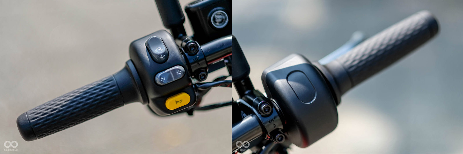 左把手上方有BOOST按鍵\坐墊開關、方向燈開關、喇叭，右手則完全沒有開關！