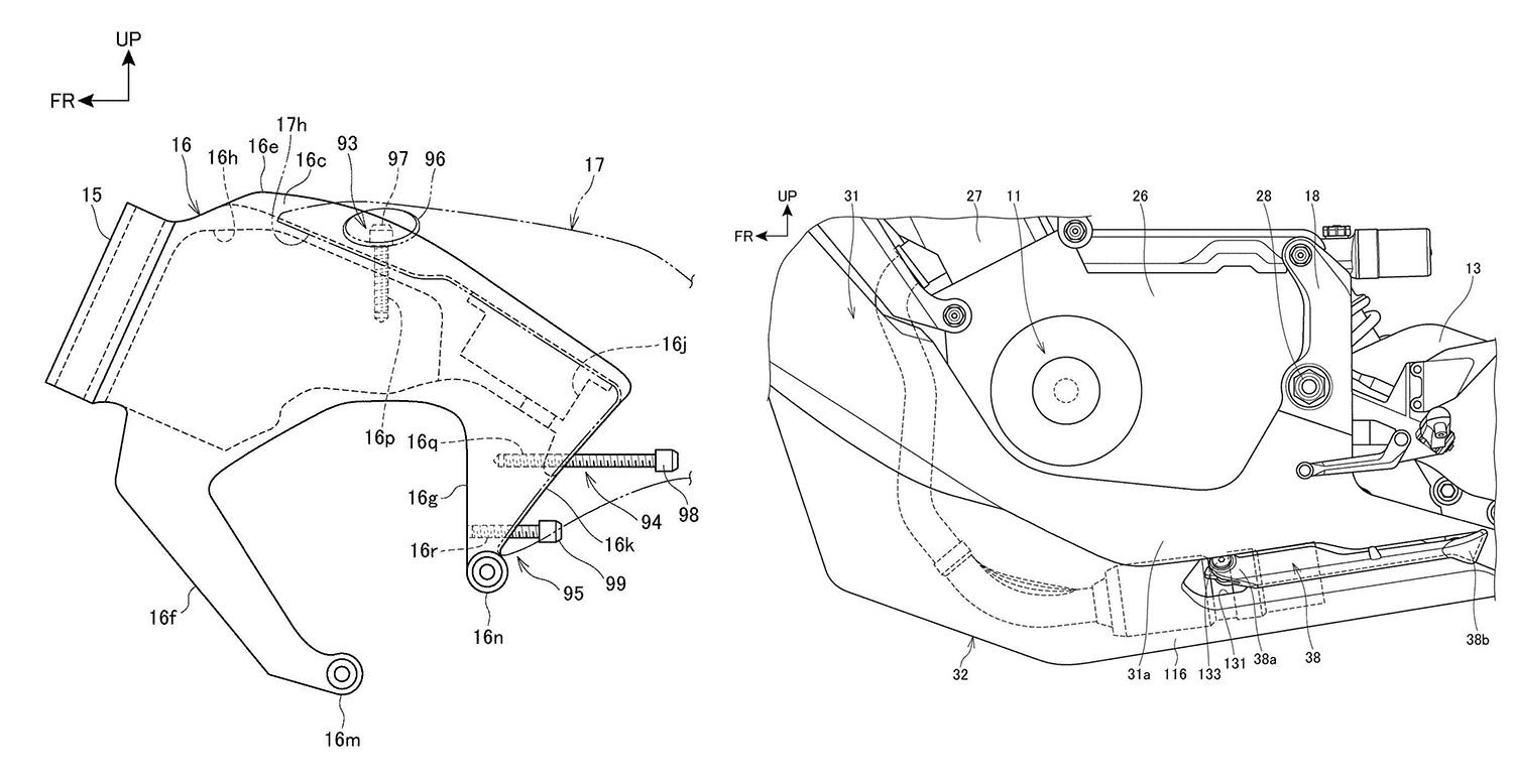 和現行款CBR1000RR-R車架相比，後方底部與前端的連結消失，改為由引擎部分取代