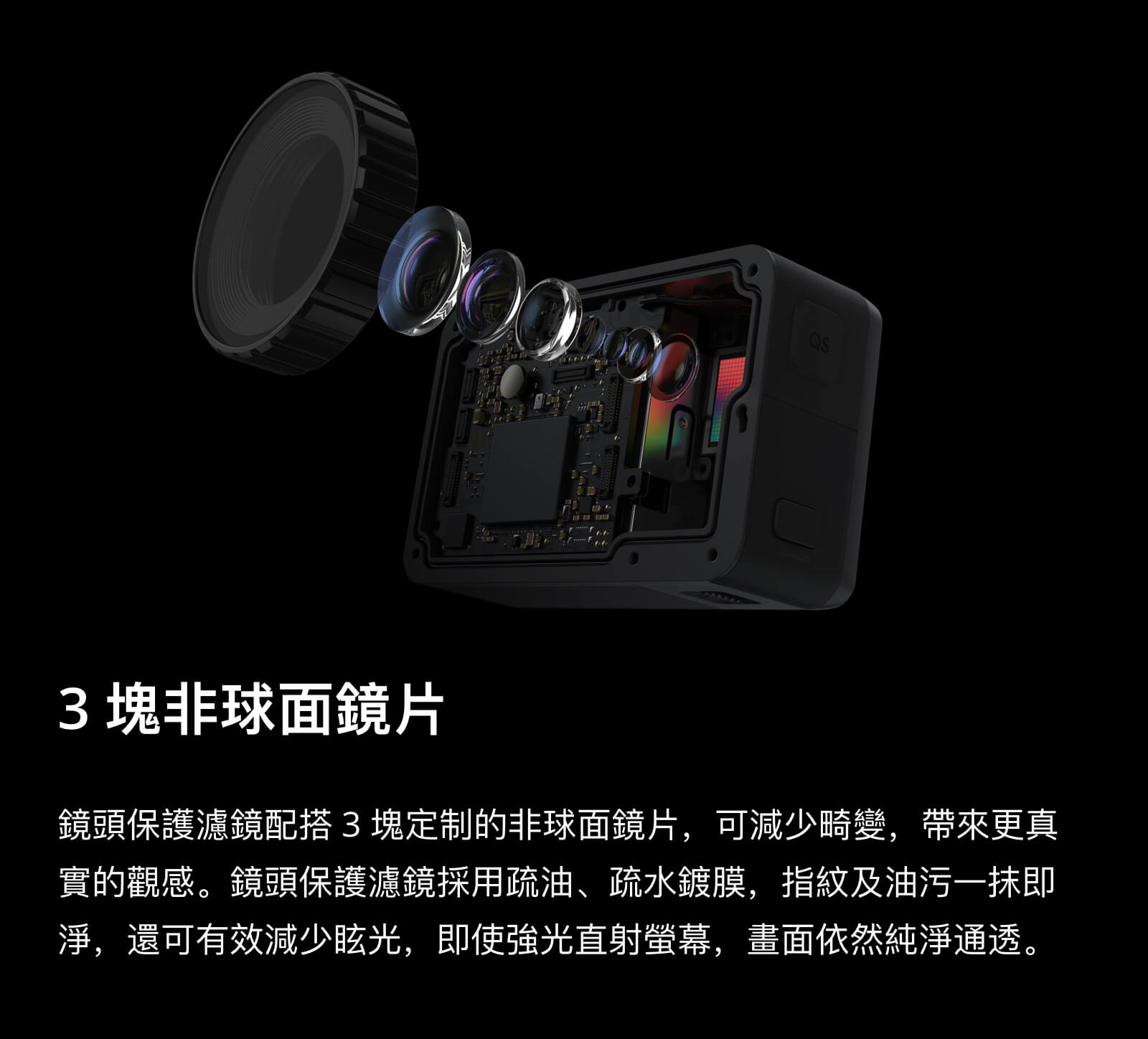 鏡頭內置3片非球面鏡片,可以有效減少畫面變形