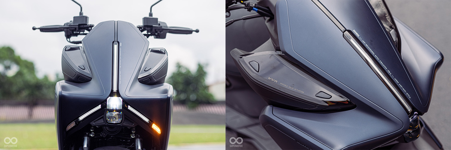 正面看上去，定位燈有如YAMAHA LOGO的音叉一般；左右兩側的飾蓋採用半透明材質，上面印有VVA等眾多科技配備字樣