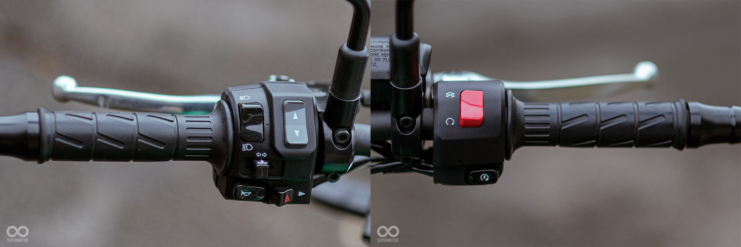 左手開關有儀表控制、遠近燈、方向燈、喇叭和雙黃燈開關；右手開關上有啟動按鈕、引擎開關