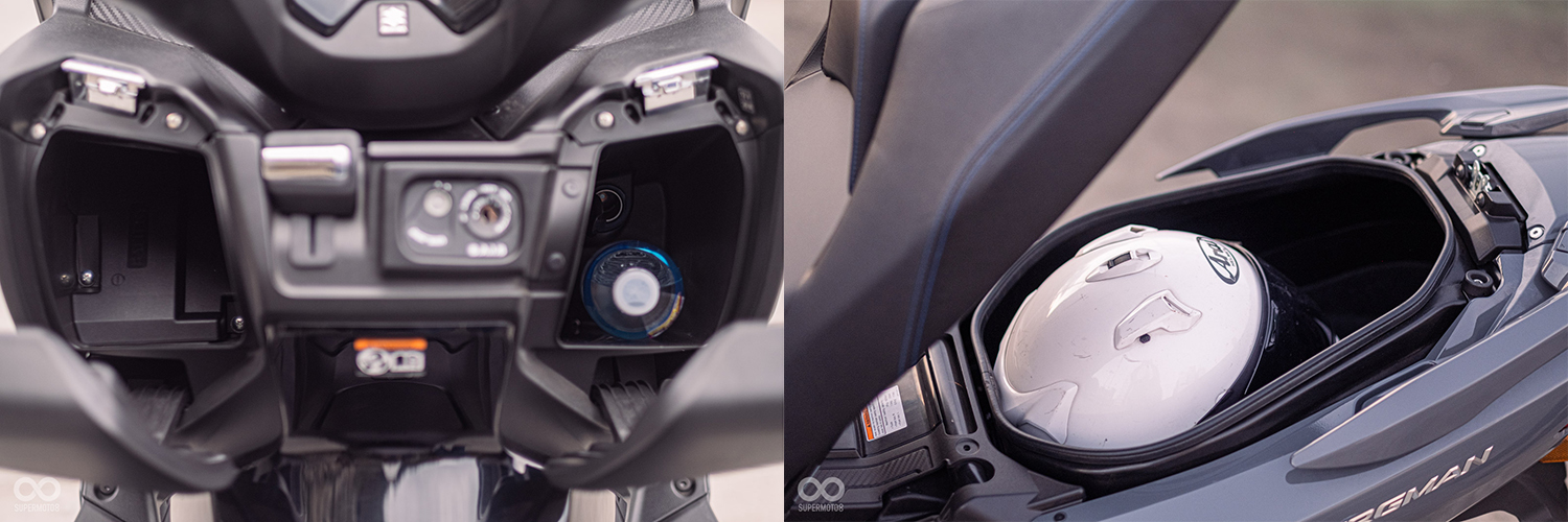 2.8L/3.5L的雙手套箱,左方能輕鬆放入一瓶600c.c.寶特瓶飲料;42L的車廂空間,放入一頂全罩帽+其他小物品毫無問題