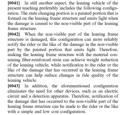 YAMAHA在專利文件提及，這樣的車架瘀青系統，還需要其他的電控配備輔助，如果是採用特殊塗料的透光設計，則是成本最低廉的達成方式