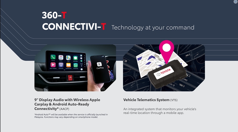 Toyota Veloz也搭載著一個支援Apple Carplay和Android Auto(目前馬來西亞尚未支援)的9吋車機，另外也有一個VTS定位功能讓你可以透過APP知道車輛現在在哪