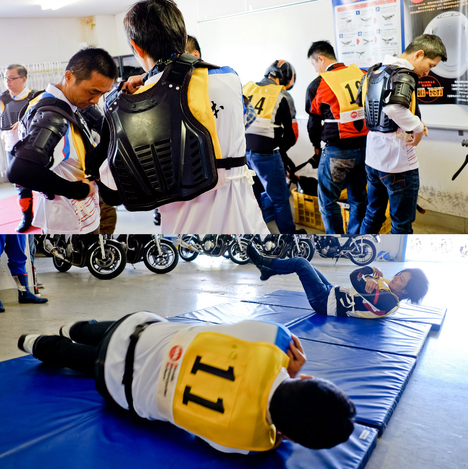 著裝完畢後進行翻滾練習,以在摔車時有技巧地保護自己