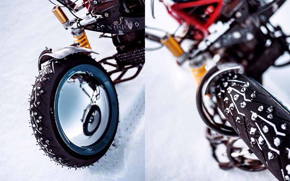 極為獨特的外形設計,加上為了雪地賽事而換裝的釘刺胎,讓這台Yondu更多了幾分兇惡